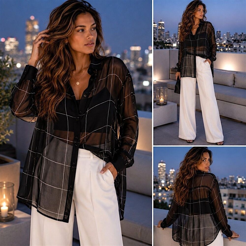 Coastal Chic 2X Sheer Black Grid Quiet Luxury Fairygrunge Lane Bryant Edgy Top